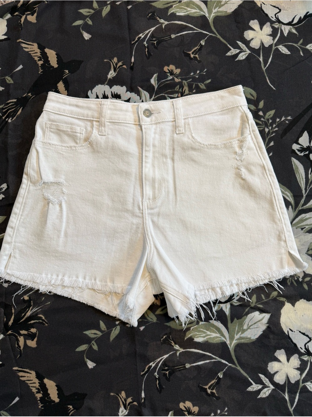 Hollister White Frayed Hem Distressed Denim Shorts